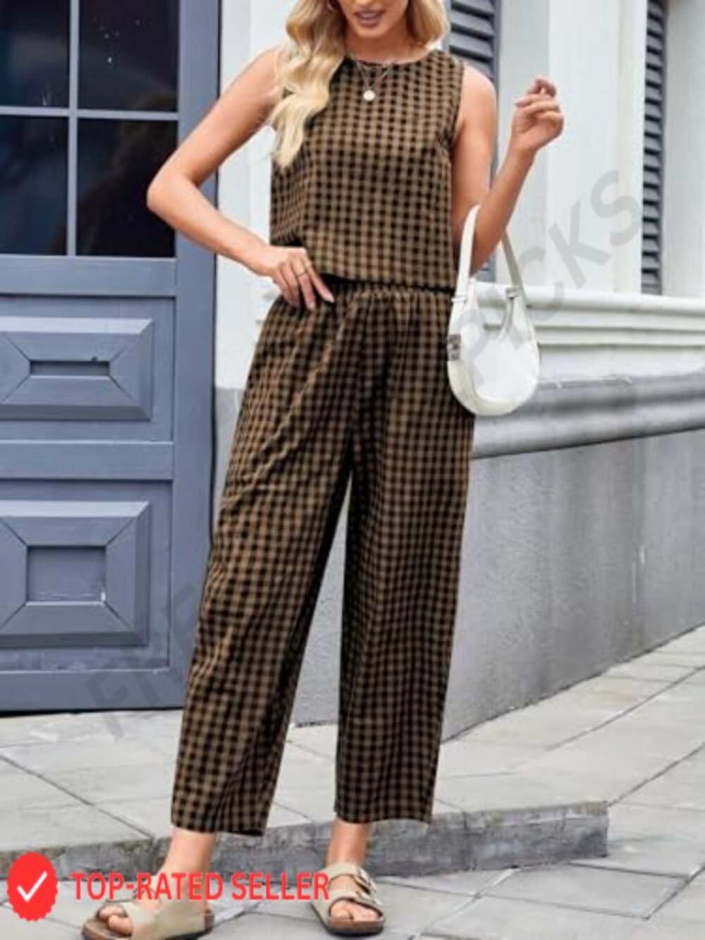 Cotton Linen Matching Set Tank Top Palazzo Pants Casual Lounge Outfit - Picture 3 of 7